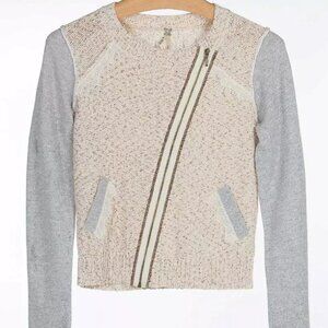 BKE Sz S Women's Grey Khaki Asymmetrical Zip Up Pieced Cardigan Sweater Lace
